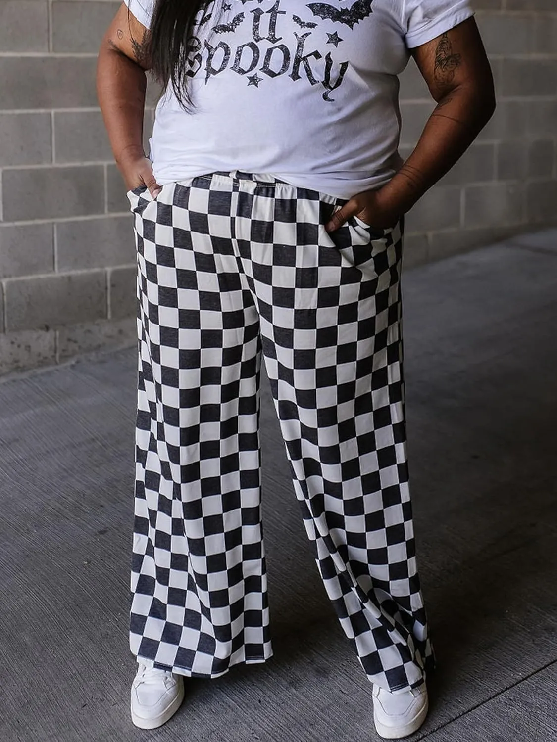 Sunloudy Womens Checkered Wide Leg Pants High Elastic Waisted Straight Loose Fitted LoungeTrouser Streetwear