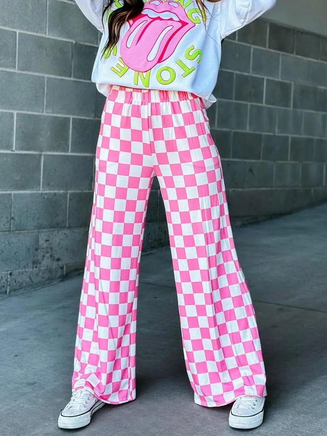 Sunloudy Womens Checkered Wide Leg Pants High Elastic Waisted Straight Loose Fitted LoungeTrouser Streetwear