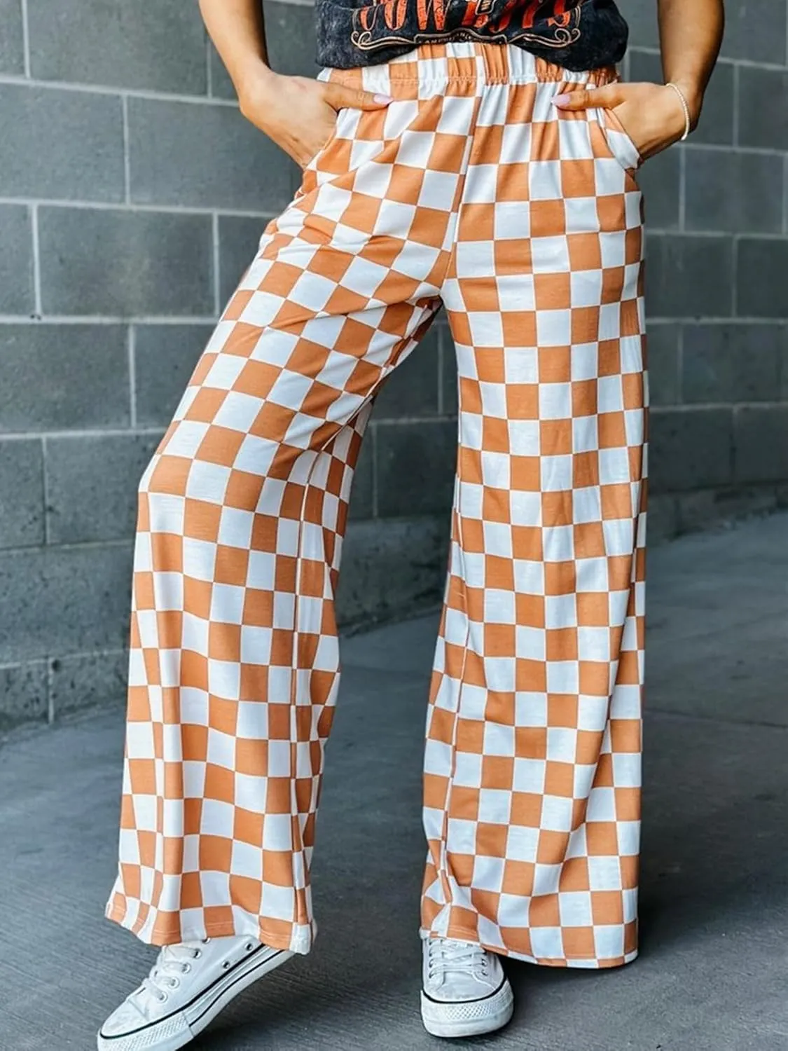 Sunloudy Womens Checkered Wide Leg Pants High Elastic Waisted Straight Loose Fitted LoungeTrouser Streetwear
