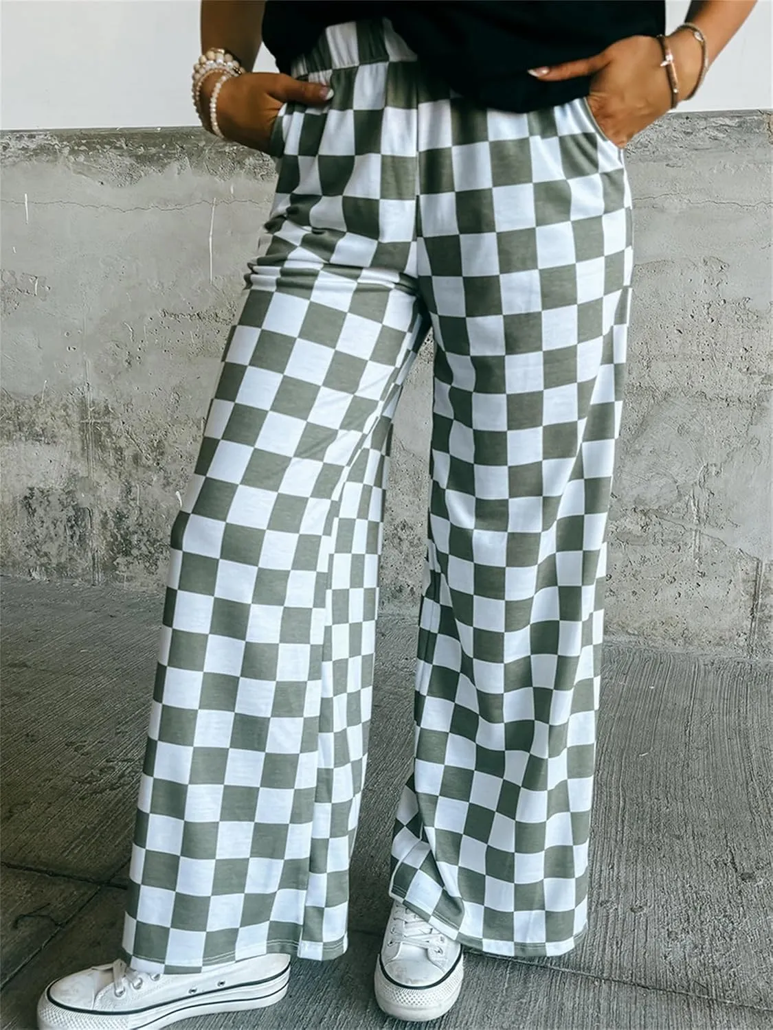 Sunloudy Womens Checkered Wide Leg Pants High Elastic Waisted Straight Loose Fitted LoungeTrouser Streetwear