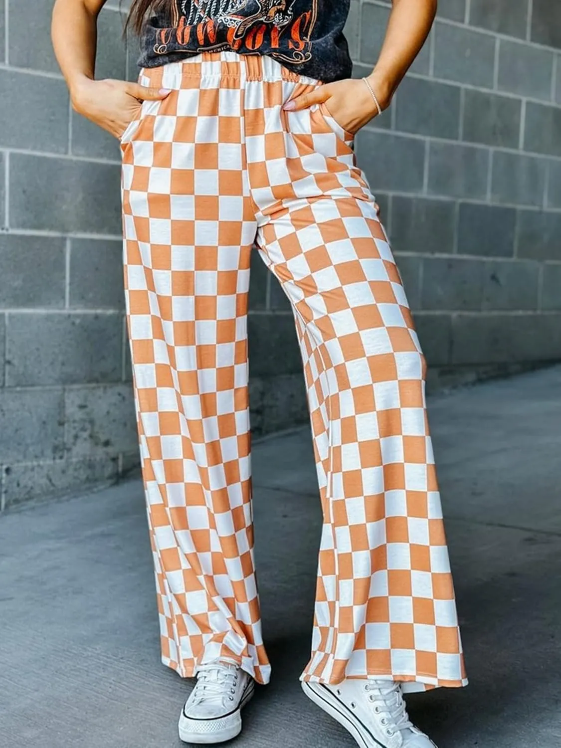 Sunloudy Womens Checkered Wide Leg Pants High Elastic Waisted Straight Loose Fitted LoungeTrouser Streetwear