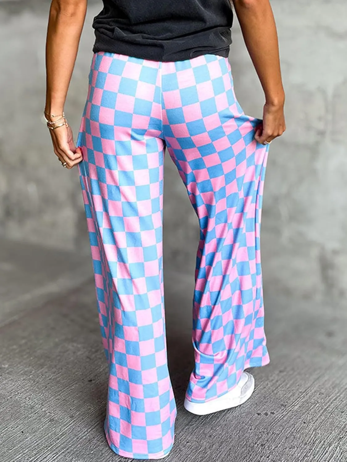 Sunloudy Womens Checkered Wide Leg Pants High Elastic Waisted Straight Loose Fitted LoungeTrouser Streetwear