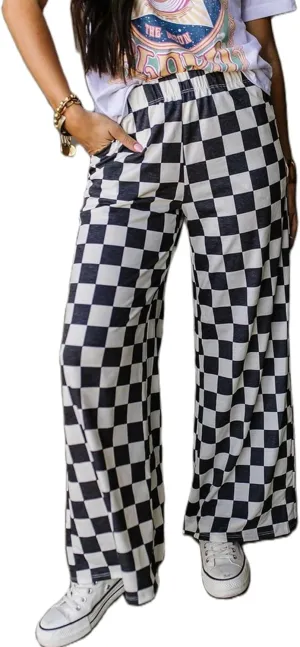 Sunloudy Womens Checkered Wide Leg Pants High Elastic Waisted Straight Loose Fitted LoungeTrouser Streetwear
