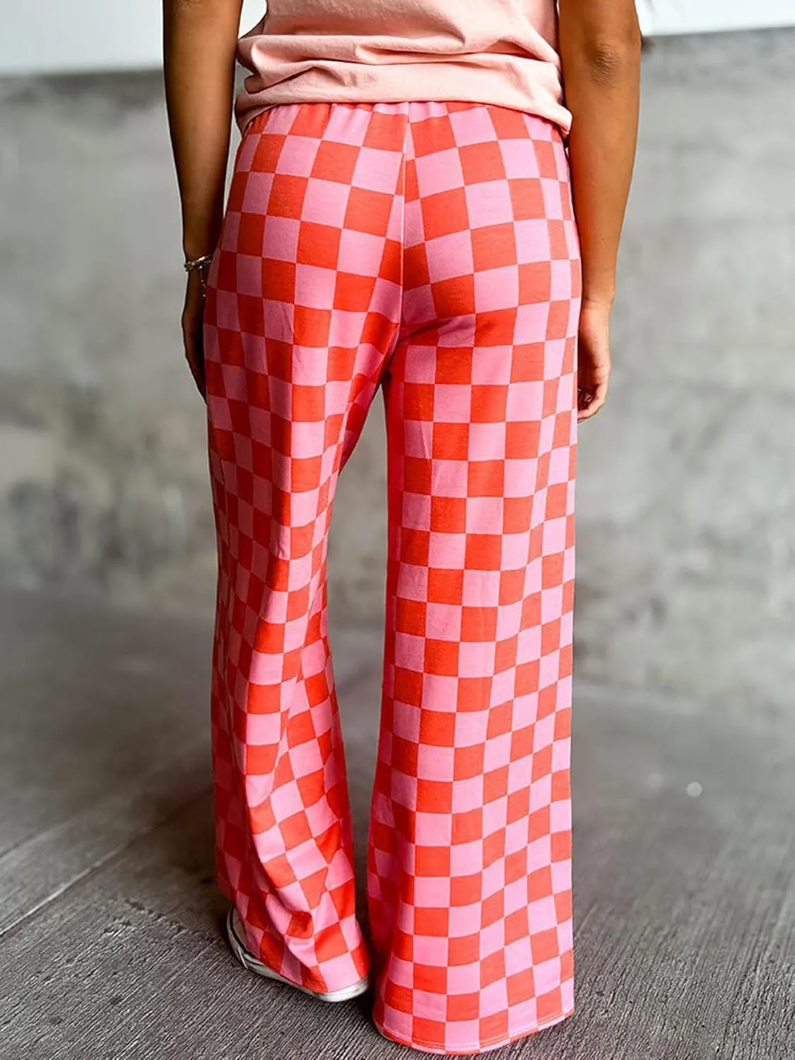 Sunloudy Womens Checkered Wide Leg Pants High Elastic Waisted Straight Loose Fitted LoungeTrouser Streetwear