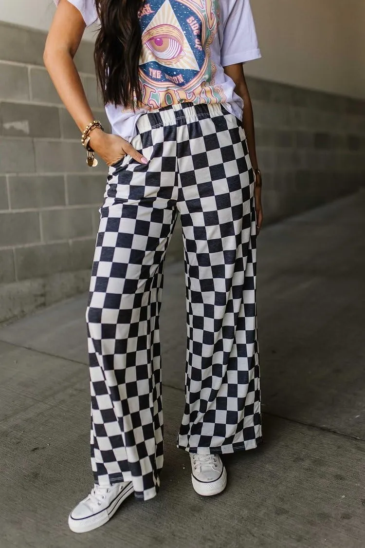 Sunloudy Womens Checkered Wide Leg Pants High Elastic Waisted Straight Loose Fitted LoungeTrouser Streetwear