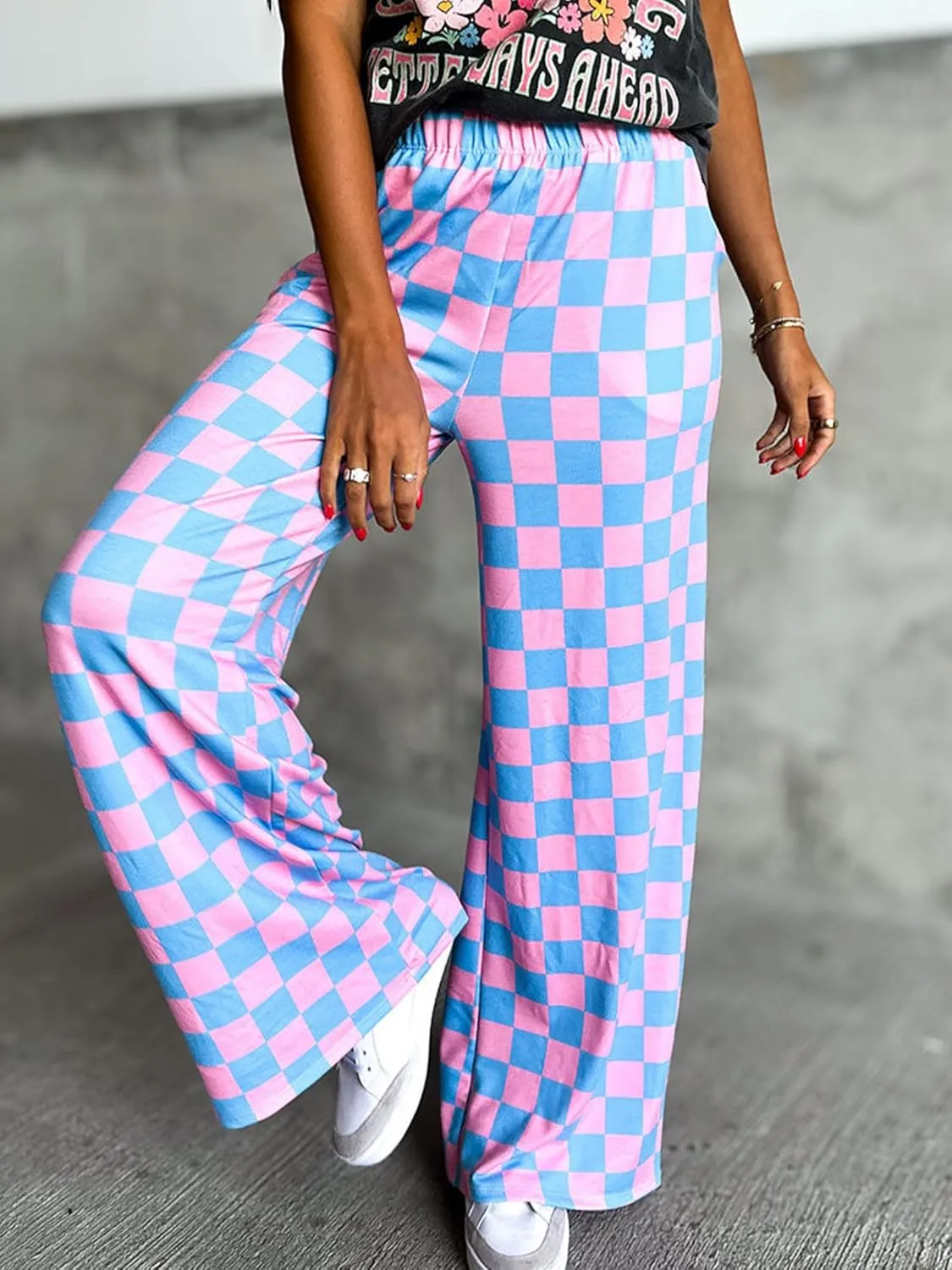 Sunloudy Womens Checkered Wide Leg Pants High Elastic Waisted Straight Loose Fitted LoungeTrouser Streetwear