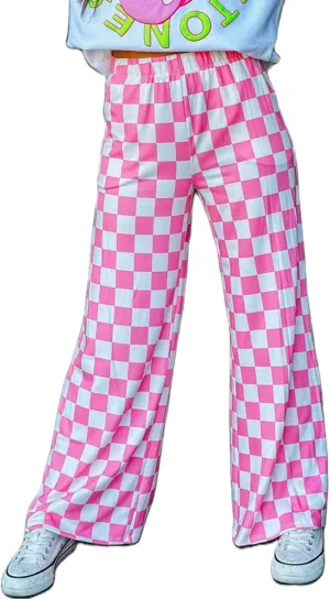 Sunloudy Womens Checkered Wide Leg Pants High Elastic Waisted Straight Loose Fitted LoungeTrouser Streetwear