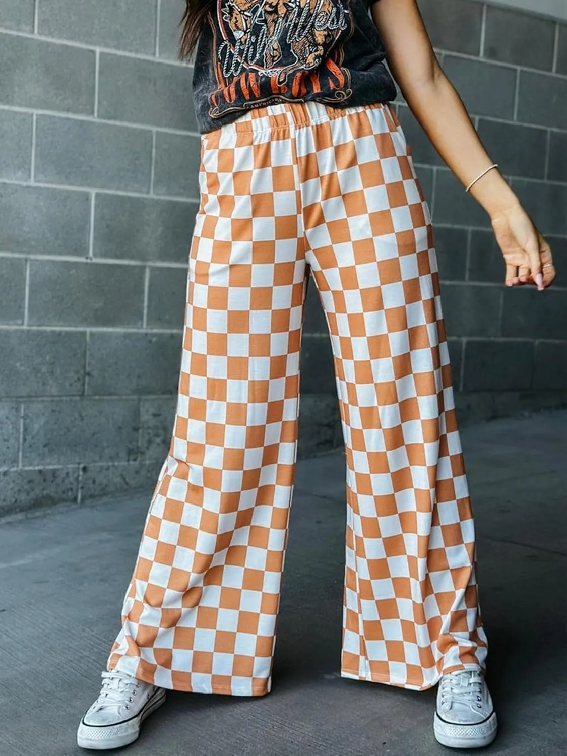 Sunloudy Womens Checkered Wide Leg Pants High Elastic Waisted Straight Loose Fitted LoungeTrouser Streetwear