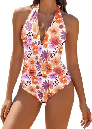 Swimsuit Women One Piece Mesh Hollow Out Monokini V Neck Bathing Suit Ruched Slimming Bathing Suit Bathing Suit for