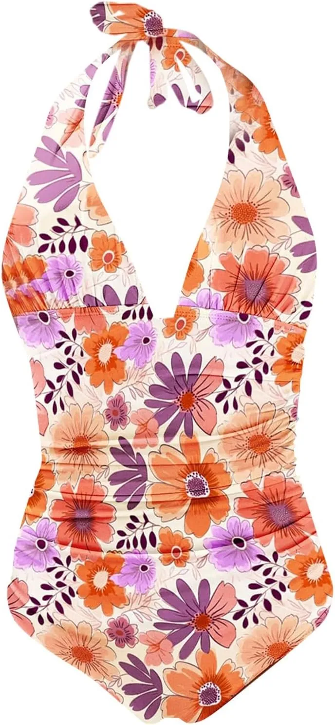 Swimsuit Women One Piece Mesh Hollow Out Monokini V Neck Bathing Suit Ruched Slimming Bathing Suit Bathing Suit for
