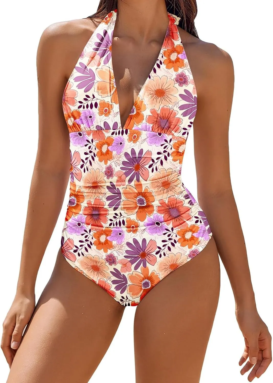 Swimsuit Women One Piece Mesh Hollow Out Monokini V Neck Bathing Suit Ruched Slimming Bathing Suit Bathing Suit for