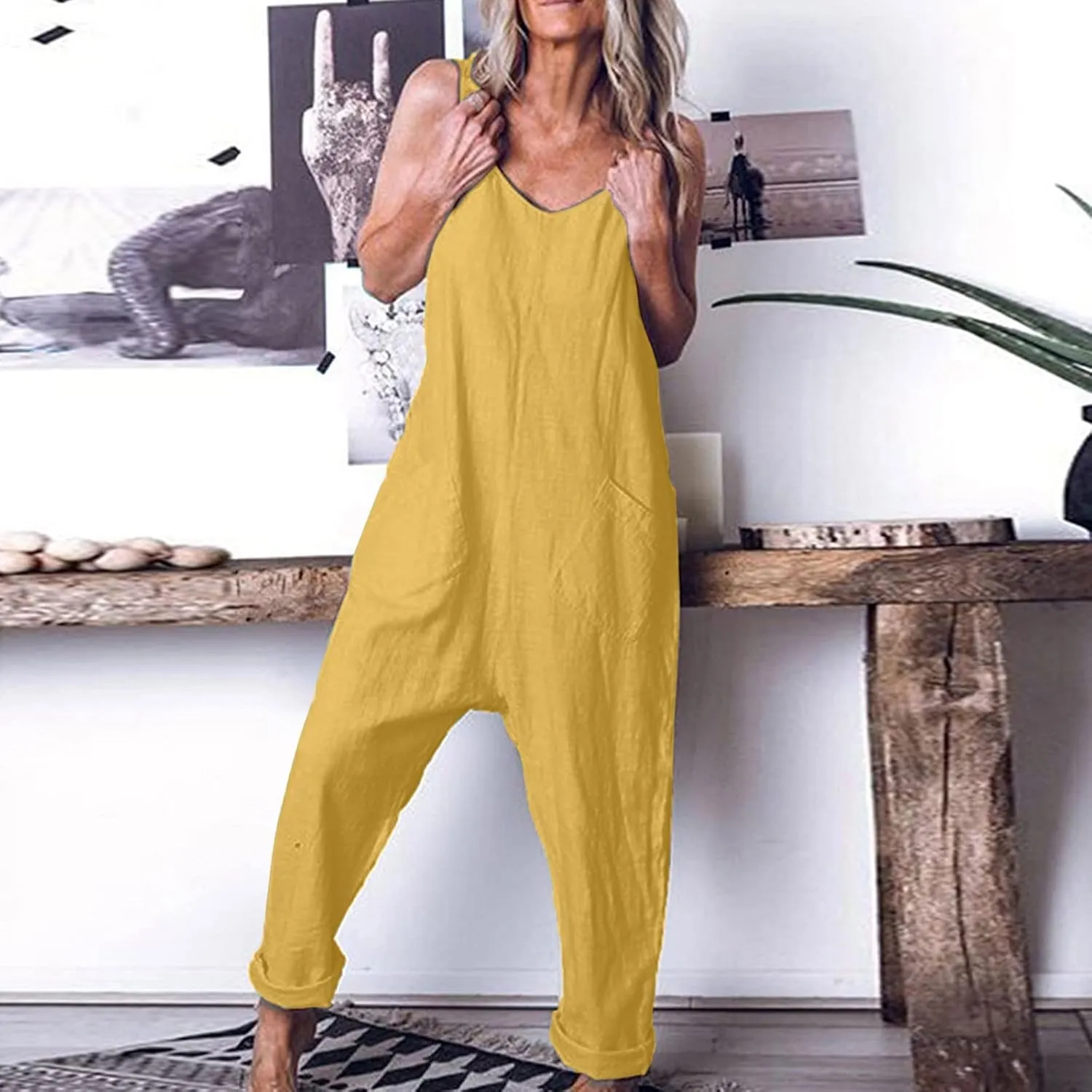 TANGNADE Summer Rompers for Women 2025 Cotton Linen Dressy Casual Sleeveless Overalls Loose Baggy Beach Jumpsuits