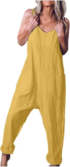 TANGNADE Summer Rompers for Women 2025 Cotton Linen Dressy Casual Sleeveless Overalls Loose Baggy Beach Jumpsuits