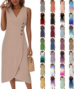 Tank Dresses for Women 2025 V Neck Button Down Empire Waist Dress Slit Overlapping Hem Sleeveless Midi Sundresses