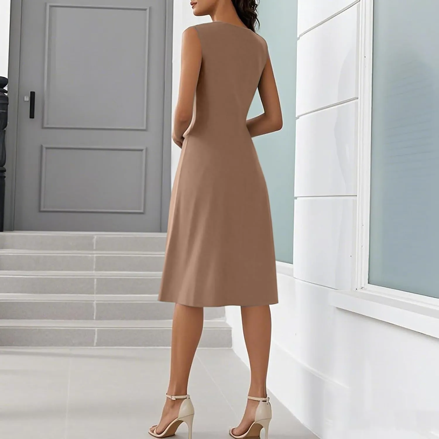 Tank Dresses for Women 2025 V Neck Button Down Empire Waist Dress Slit Overlapping Hem Sleeveless Midi Sundresses