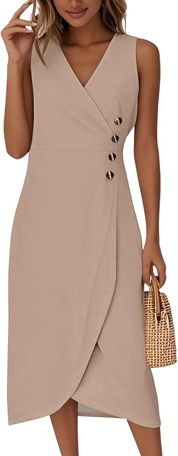 Tank Dresses for Women 2025 V Neck Button Down Empire Waist Dress Slit Overlapping Hem Sleeveless Midi Sundresses