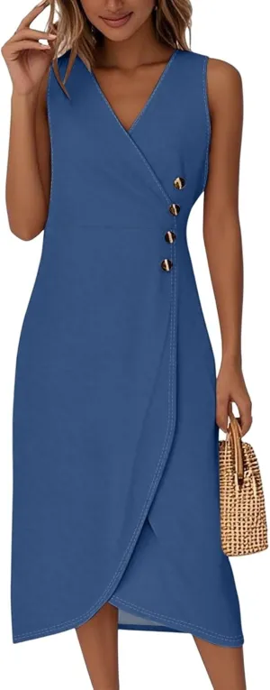 Tank Dresses for Women 2025 V Neck Button Down Empire Waist Dress Slit Overlapping Hem Sleeveless Midi Sundresses