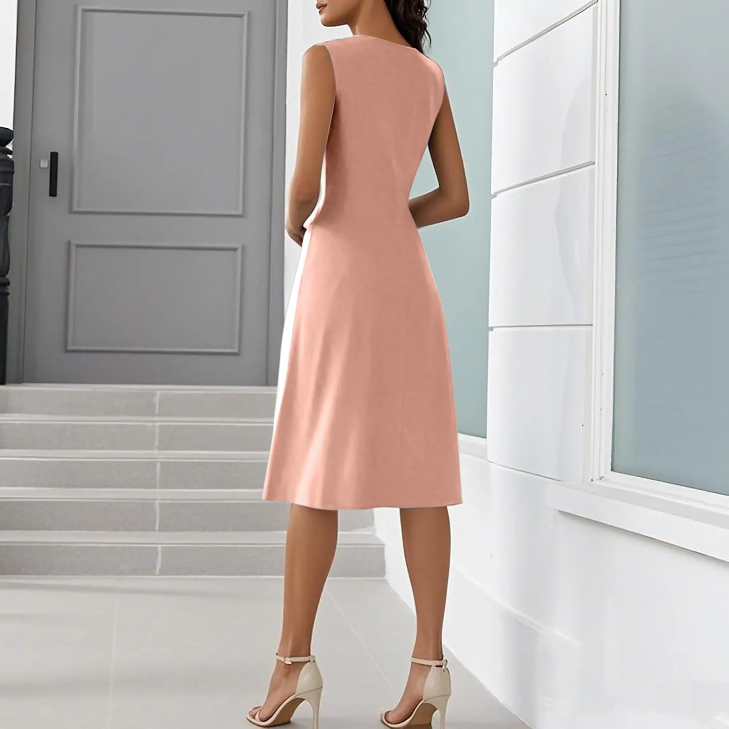 Tank Dresses for Women 2025 V Neck Button Down Empire Waist Dress Slit Overlapping Hem Sleeveless Midi Sundresses