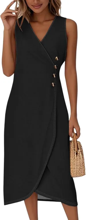 Tank Dresses for Women 2025 V Neck Button Down Empire Waist Dress Slit Overlapping Hem Sleeveless Midi Sundresses