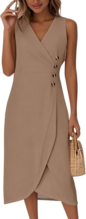 Tank Dresses for Women 2025 V Neck Button Down Empire Waist Dress Slit Overlapping Hem Sleeveless Midi Sundresses