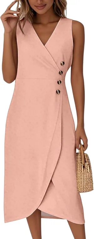 Tank Dresses for Women 2025 V Neck Button Down Empire Waist Dress Slit Overlapping Hem Sleeveless Midi Sundresses