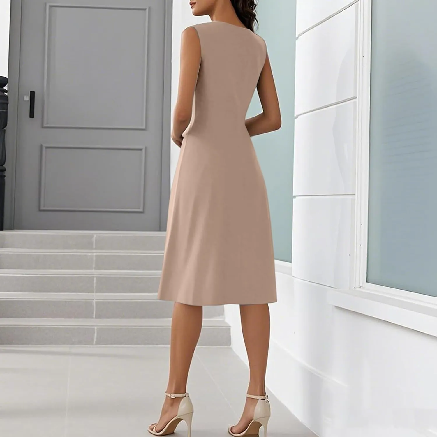 Tank Dresses for Women 2025 V Neck Button Down Empire Waist Dress Slit Overlapping Hem Sleeveless Midi Sundresses