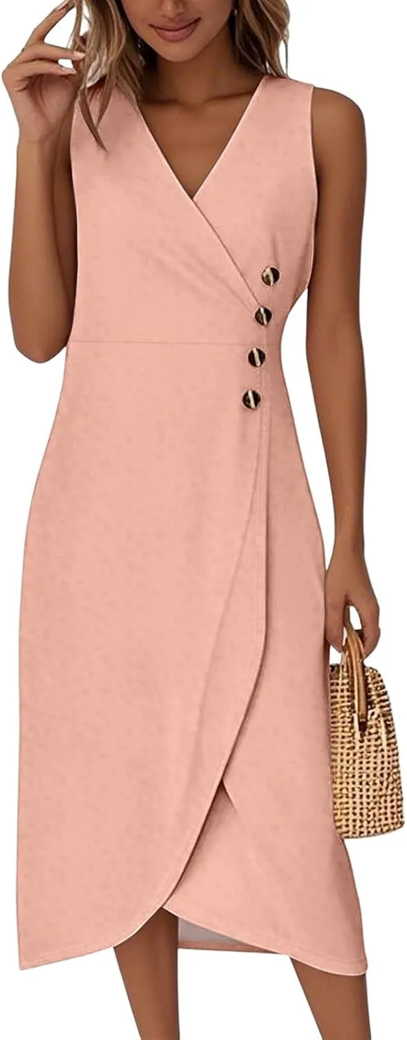 Tank Dresses for Women 2025 V Neck Button Down Empire Waist Dress Slit Overlapping Hem Sleeveless Midi Sundresses