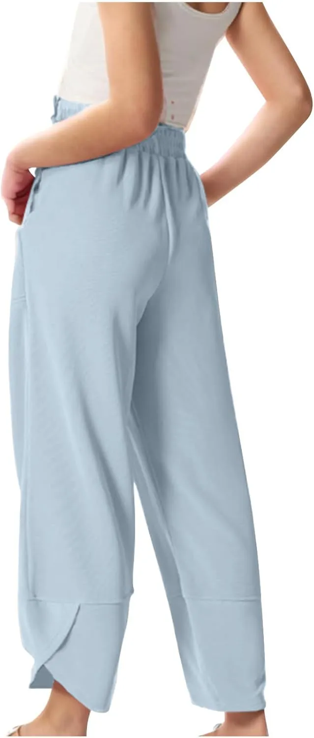 Teen Girls Palazzo Pants Summer Casual Cotton Linen Trousers Kids Lightweight Elastic Waist Solid Color Wide Leg Pant