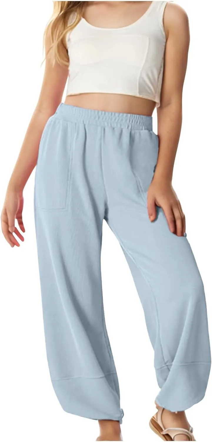 Teen Girls Palazzo Pants Summer Casual Cotton Linen Trousers Kids Lightweight Elastic Waist Solid Color Wide Leg Pant