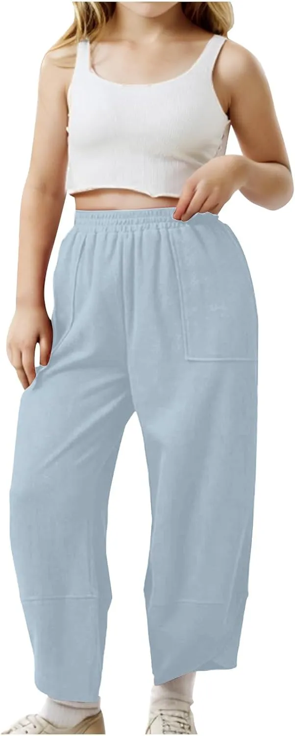 Teen Girls Palazzo Pants Summer Casual Cotton Linen Trousers Kids Lightweight Elastic Waist Solid Color Wide Leg Pant
