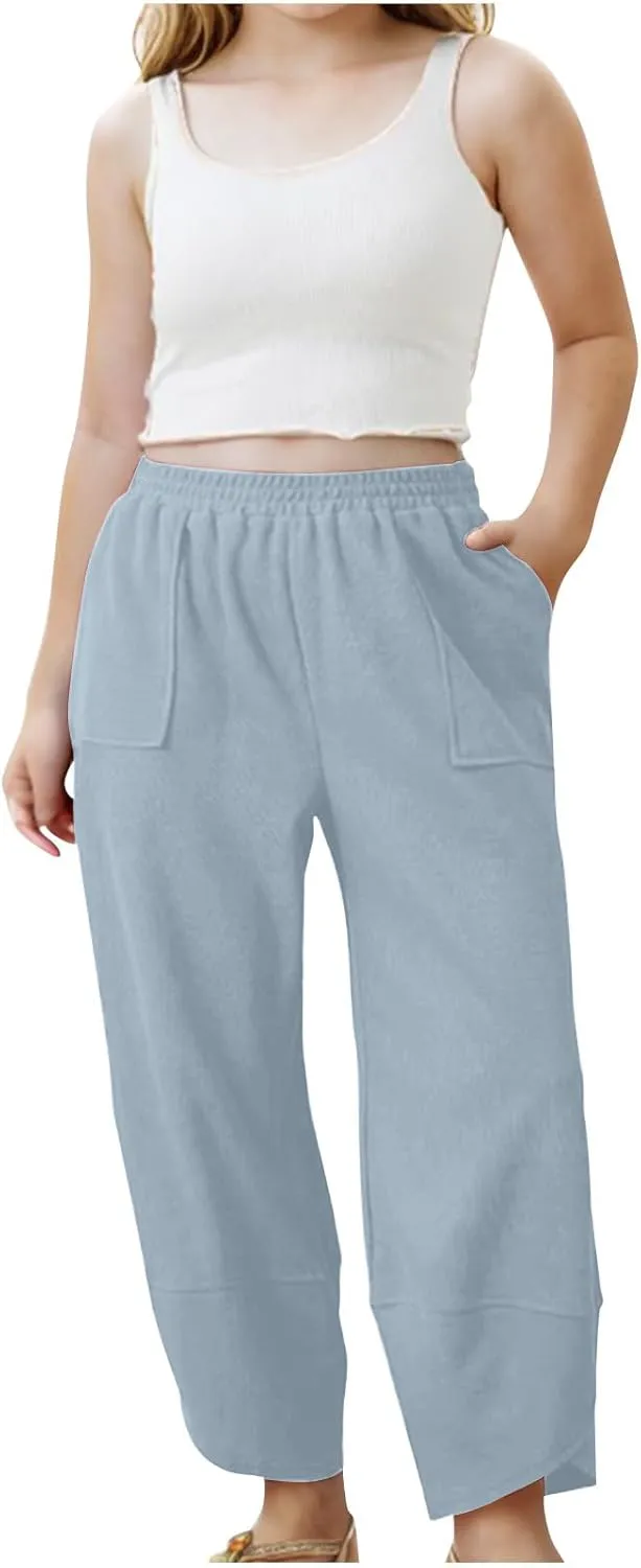 Teen Girls Palazzo Pants Summer Casual Cotton Linen Trousers Kids Lightweight Elastic Waist Solid Color Wide Leg Pant