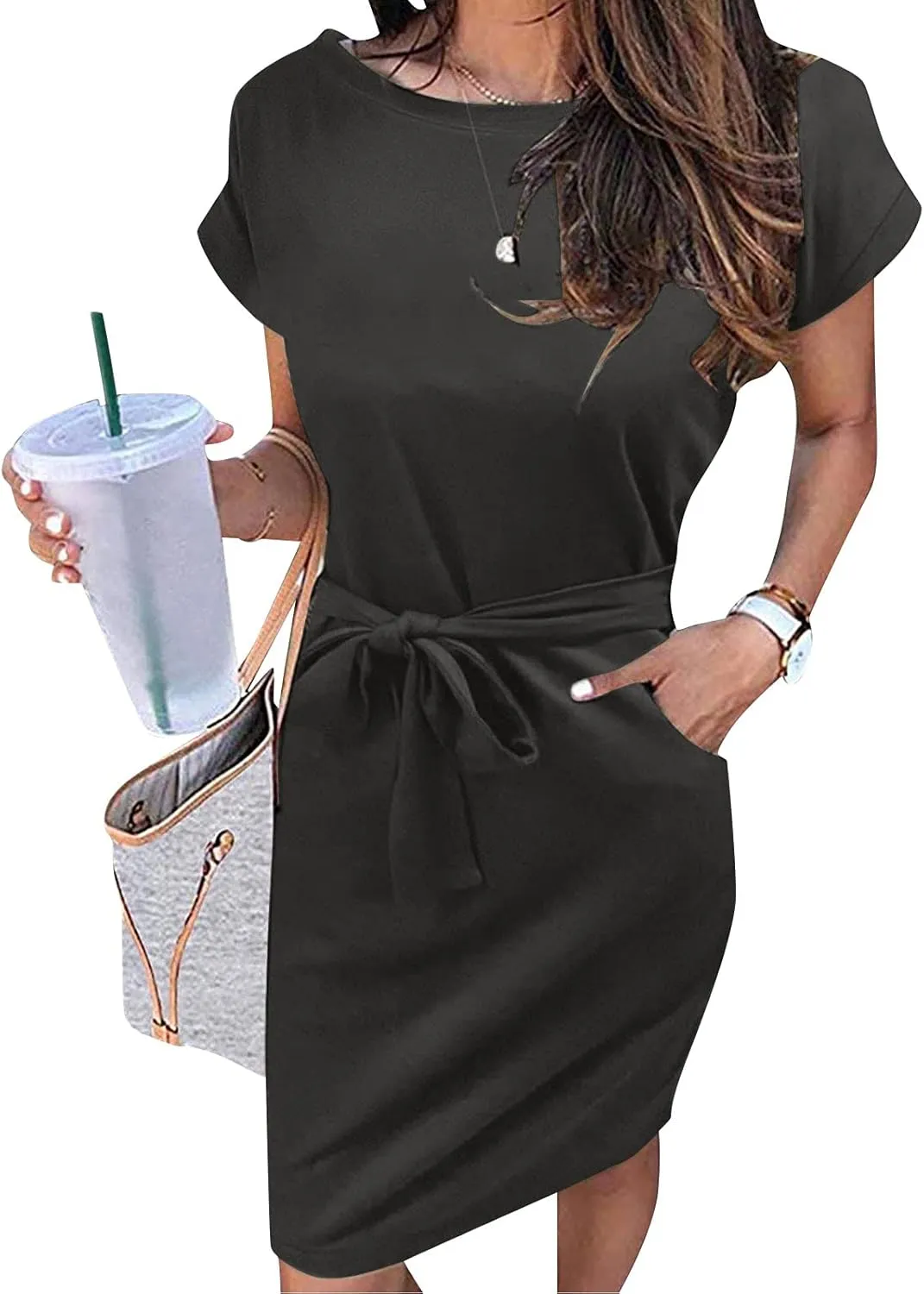 Tie Waist Dress Women Summer Short Sleeve Crewneck Solid Dress Casual T Shirt Office Basic Dresses with Pockets