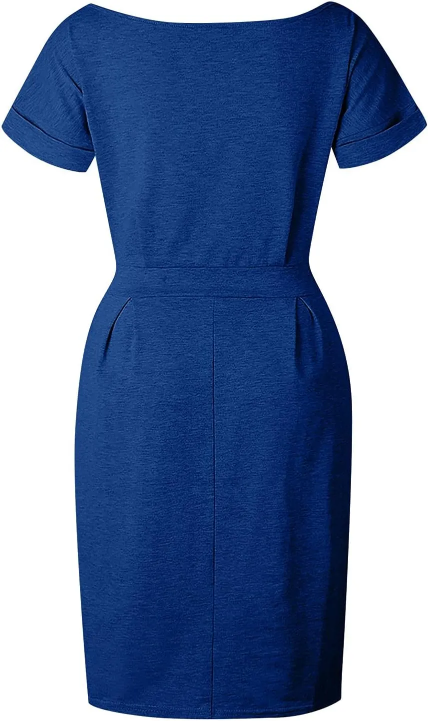 Tie Waist Dress Women Summer Short Sleeve Crewneck Solid Dress Casual T Shirt Office Basic Dresses with Pockets