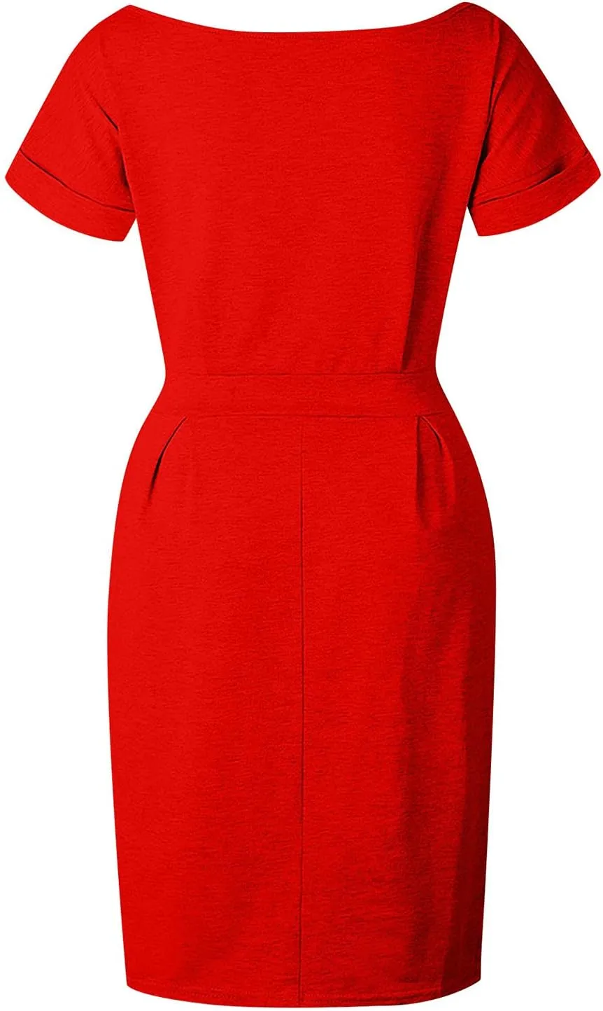 Tie Waist Dress Women Summer Short Sleeve Crewneck Solid Dress Casual T Shirt Office Basic Dresses with Pockets
