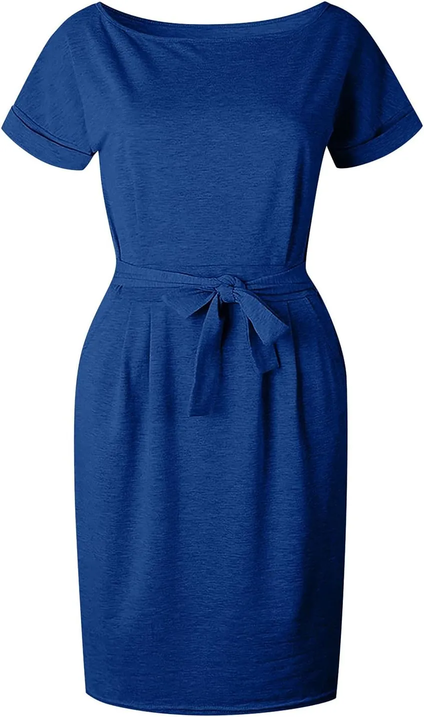 Tie Waist Dress Women Summer Short Sleeve Crewneck Solid Dress Casual T Shirt Office Basic Dresses with Pockets