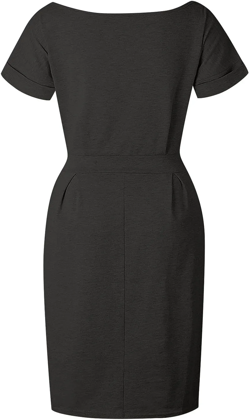 Tie Waist Dress Women Summer Short Sleeve Crewneck Solid Dress Casual T Shirt Office Basic Dresses with Pockets