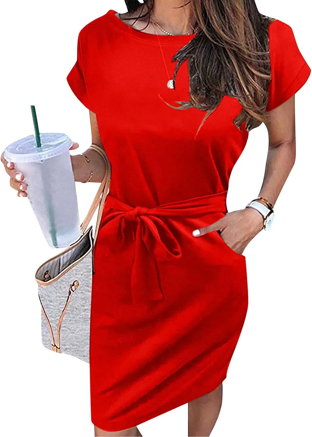 Tie Waist Dress Women Summer Short Sleeve Crewneck Solid Dress Casual T Shirt Office Basic Dresses with Pockets