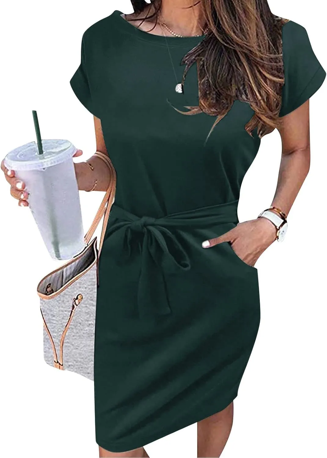 Tie Waist Dress Women Summer Short Sleeve Crewneck Solid Dress Casual T Shirt Office Basic Dresses with Pockets