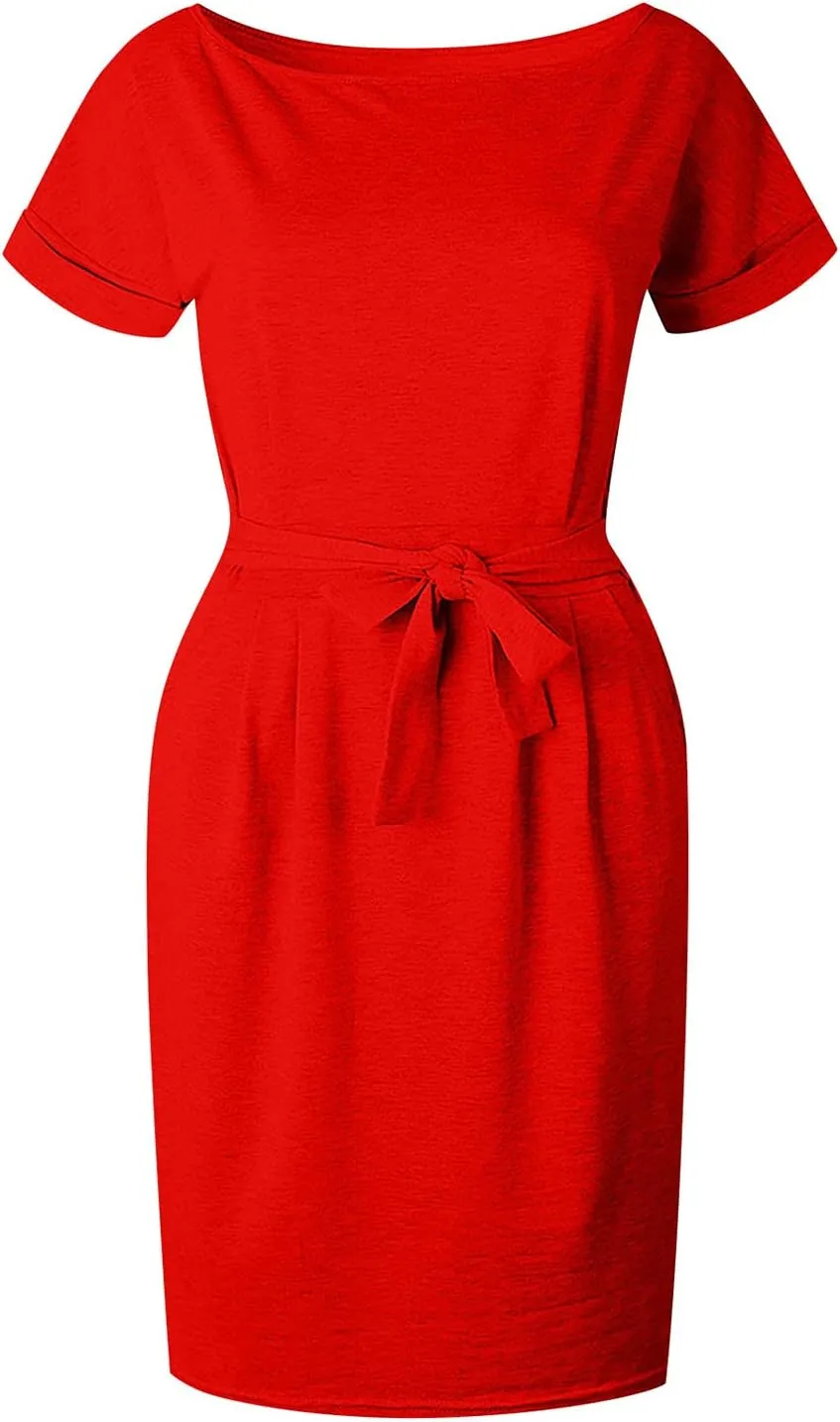 Tie Waist Dress Women Summer Short Sleeve Crewneck Solid Dress Casual T Shirt Office Basic Dresses with Pockets