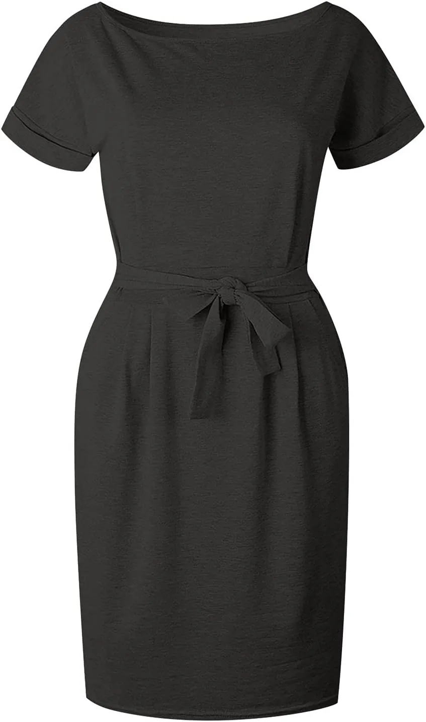 Tie Waist Dress Women Summer Short Sleeve Crewneck Solid Dress Casual T Shirt Office Basic Dresses with Pockets