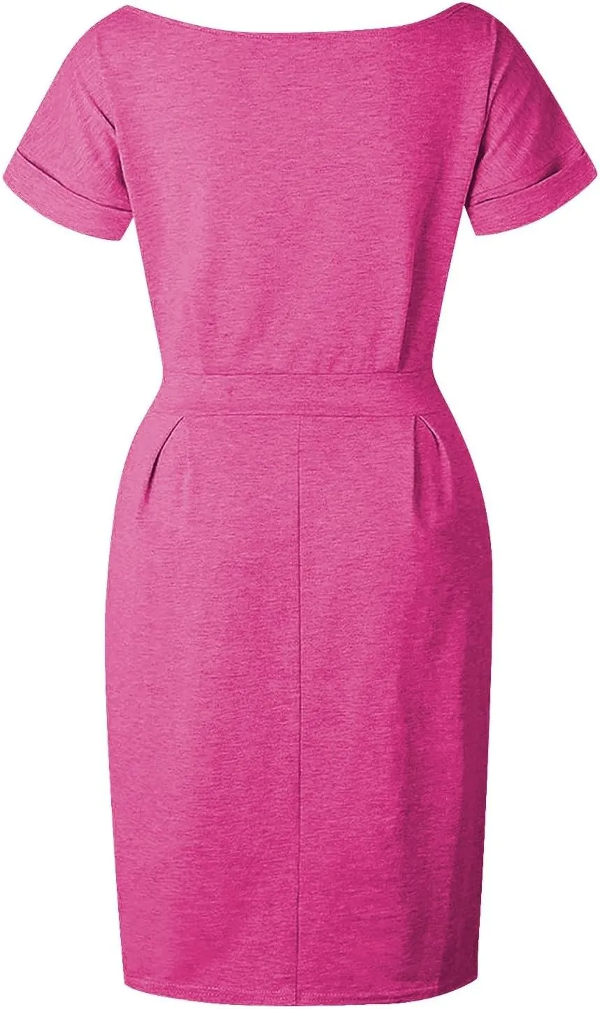 Tie Waist Dress Women Summer Short Sleeve T Shirt Dress Casual Crewneck Midi Dresses Business Dresses with Pockets
