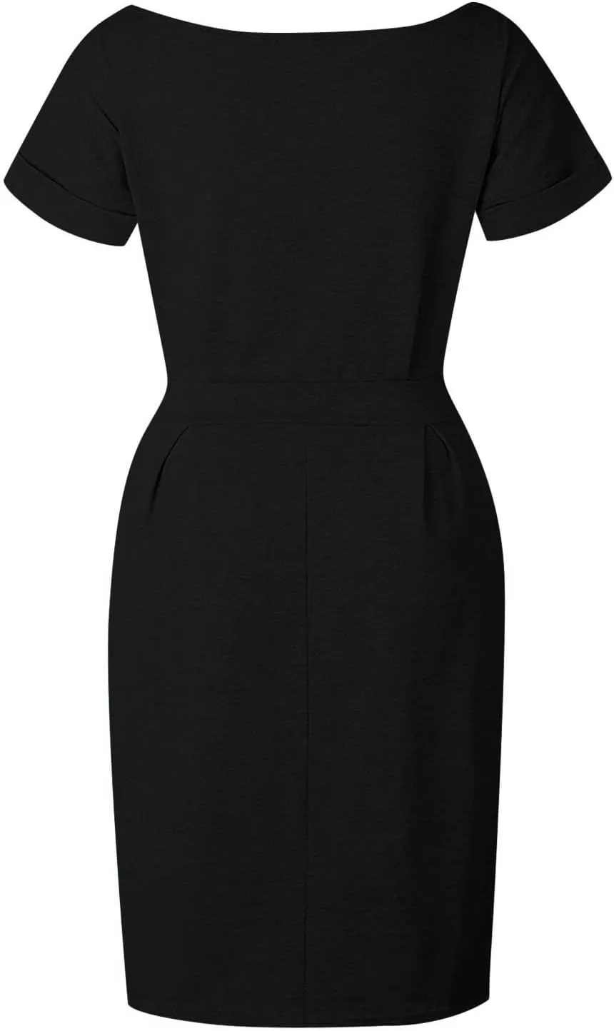 Tie Waist Dress Women Summer Short Sleeve T Shirt Dress Casual Crewneck Midi Dresses Business Dresses with Pockets