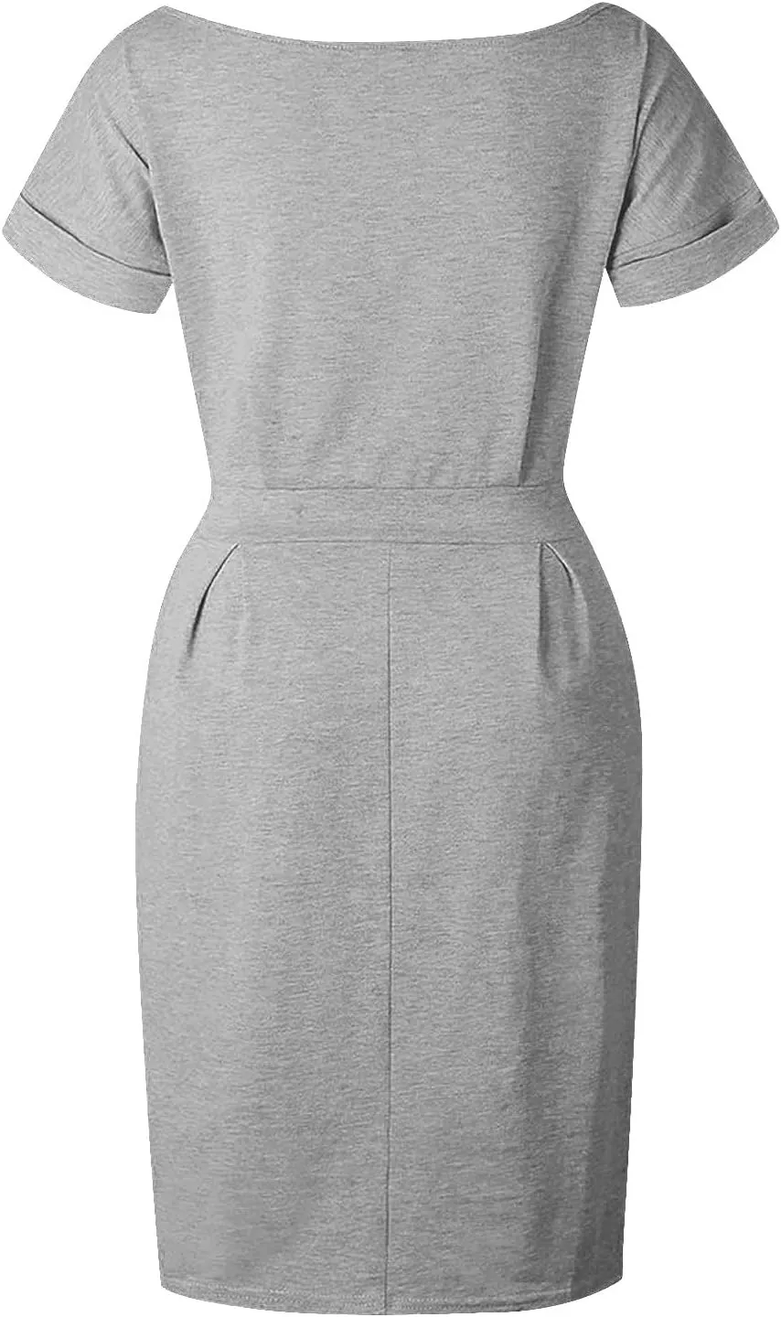 Tie Waist Dress Women Summer Short Sleeve T Shirt Dress Casual Crewneck Midi Dresses Business Dresses with Pockets