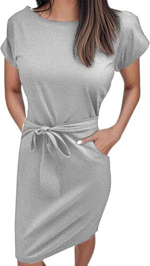 Tie Waist Dress Women Summer Short Sleeve T Shirt Dress Casual Crewneck Midi Dresses Business Dresses with Pockets