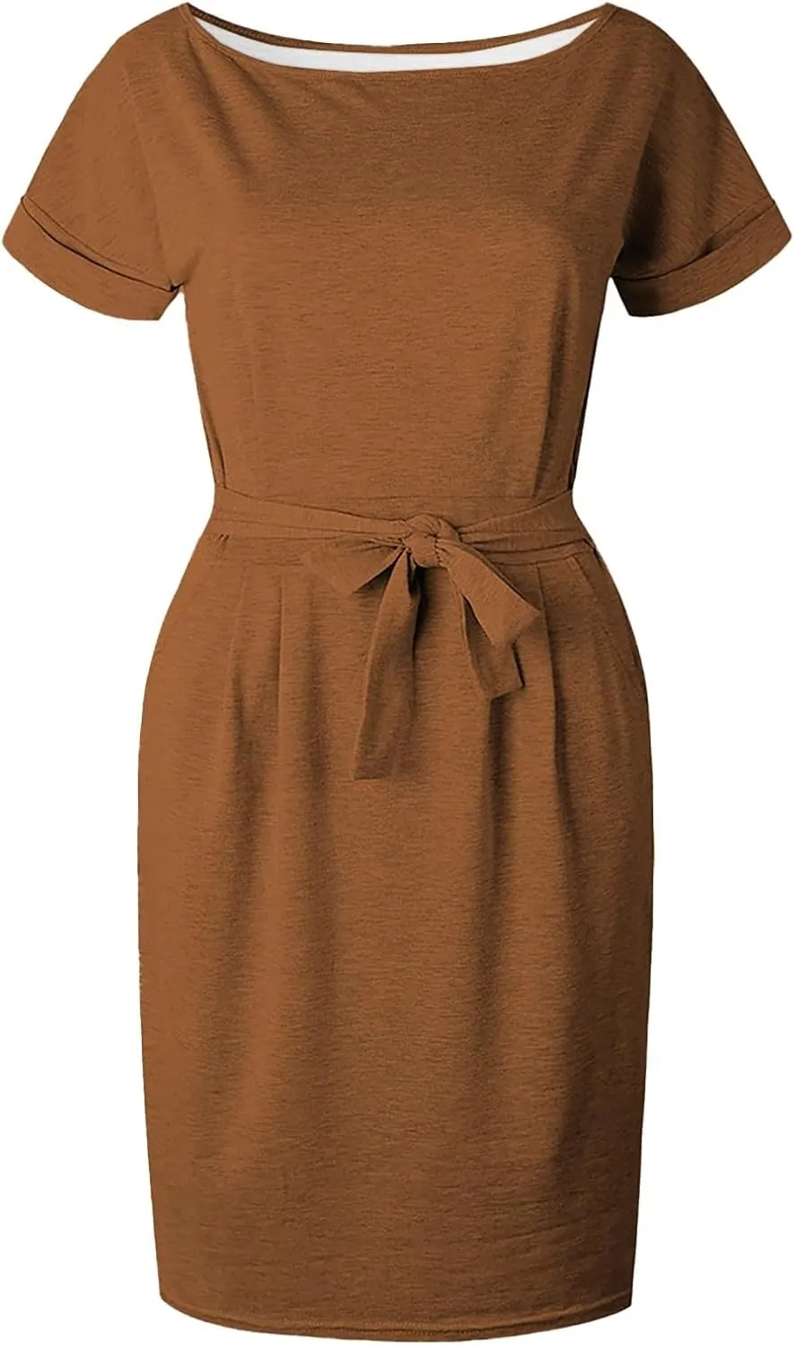 Tie Waist Dress Women Summer Short Sleeve T Shirt Dress Casual Crewneck Midi Dresses Business Dresses with Pockets