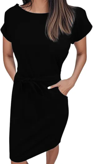 Tie Waist Dress Women Summer Short Sleeve T Shirt Dress Casual Crewneck Midi Dresses Business Dresses with Pockets