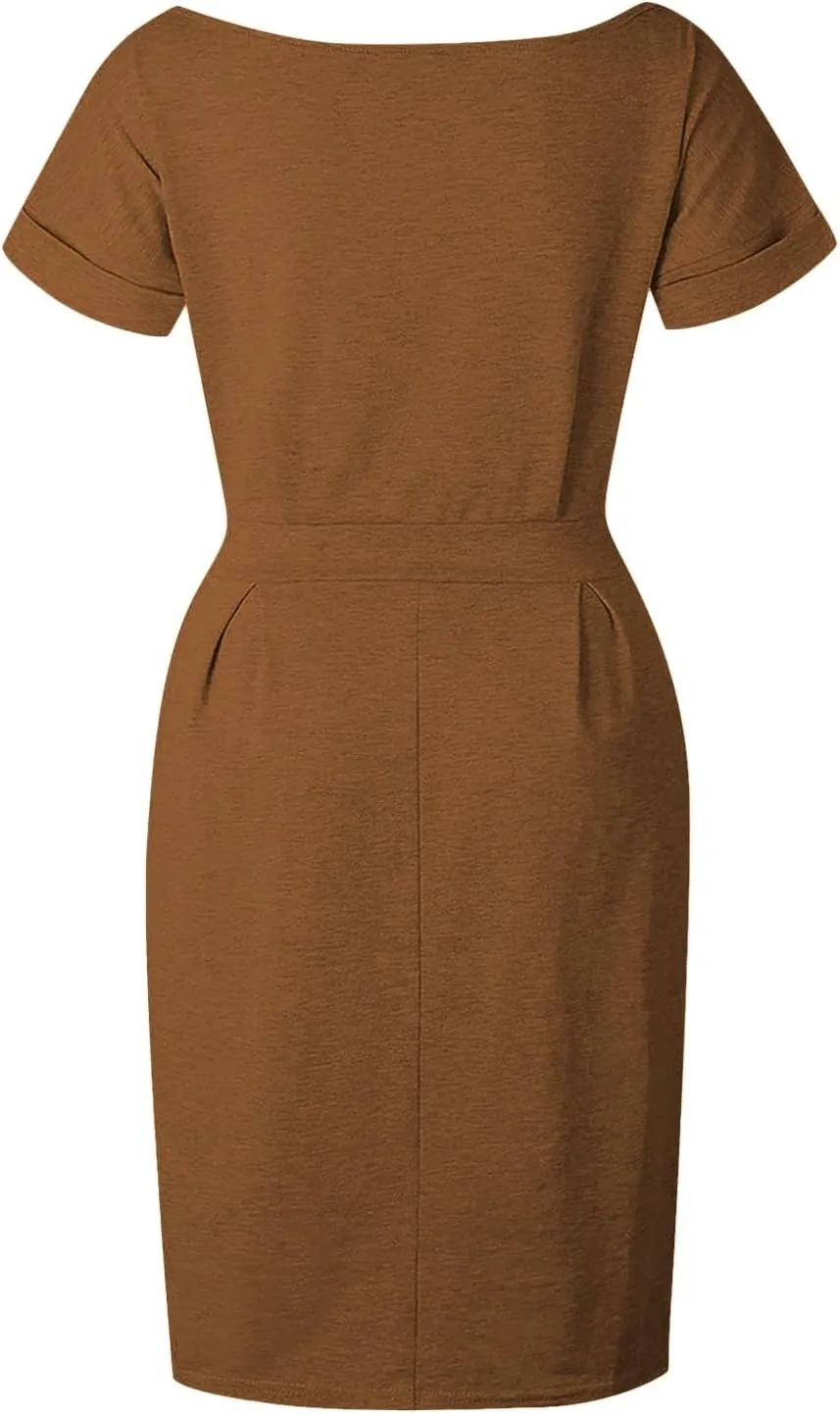 Tie Waist Dress Women Summer Short Sleeve T Shirt Dress Casual Crewneck Midi Dresses Business Dresses with Pockets
