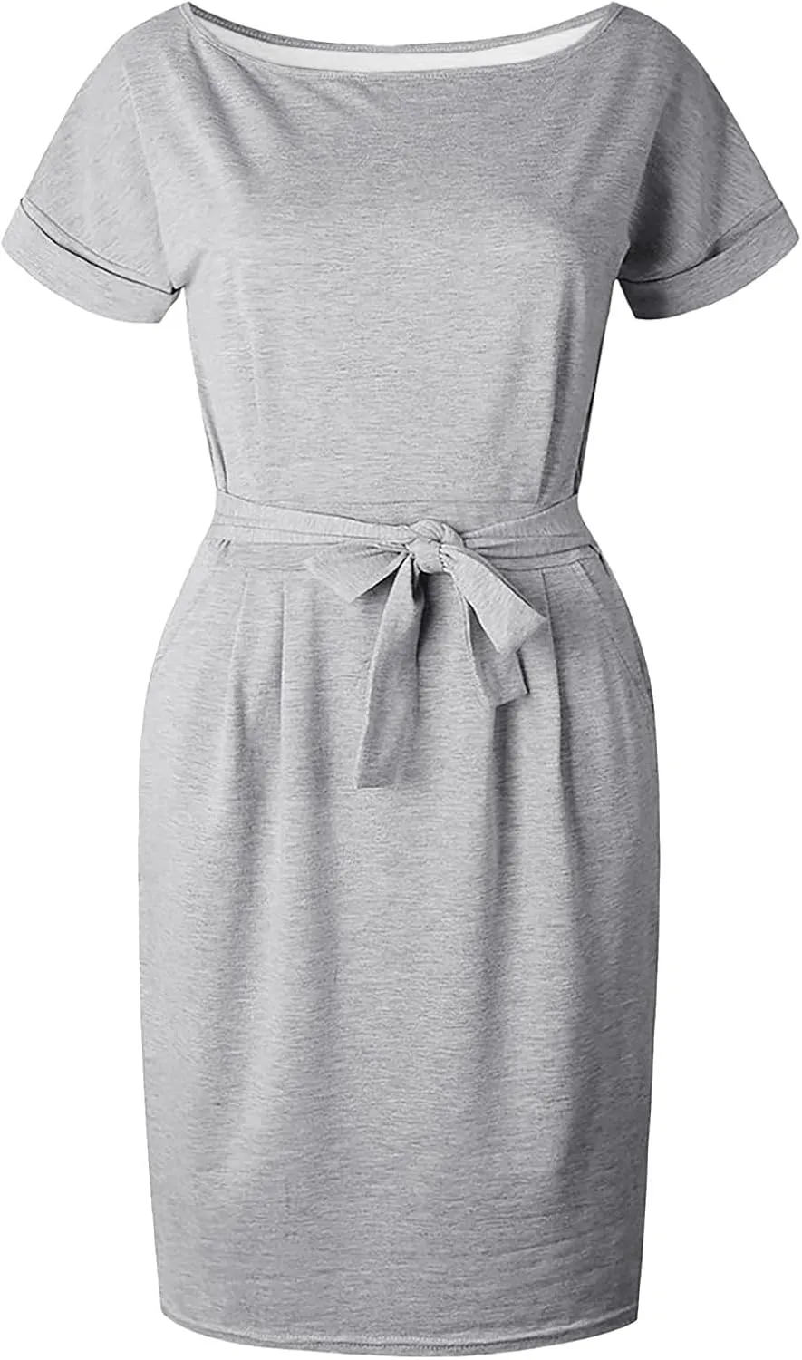 Tie Waist Dress Women Summer Short Sleeve T Shirt Dress Casual Crewneck Midi Dresses Business Dresses with Pockets