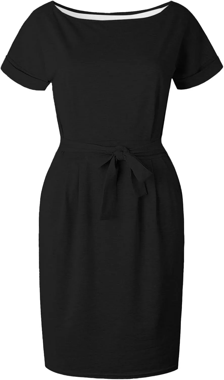 Tie Waist Dress Women Summer Short Sleeve T Shirt Dress Casual Crewneck Midi Dresses Business Dresses with Pockets