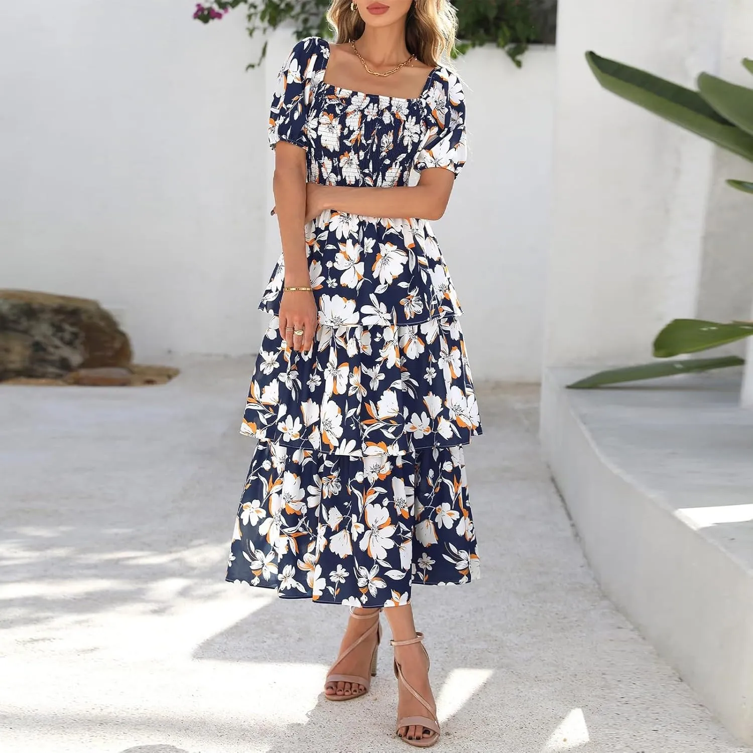 Tiered Maxi Dresses for Women 2025 Casual Boho Summer Dress Cute Long Floral Dresses Square Neck Short Sleeve Dress